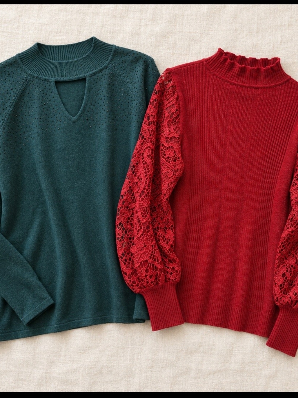 Cable & Gauge Teal Keyhole Sweater & Red Lace-Sleeve Turtleneck In M